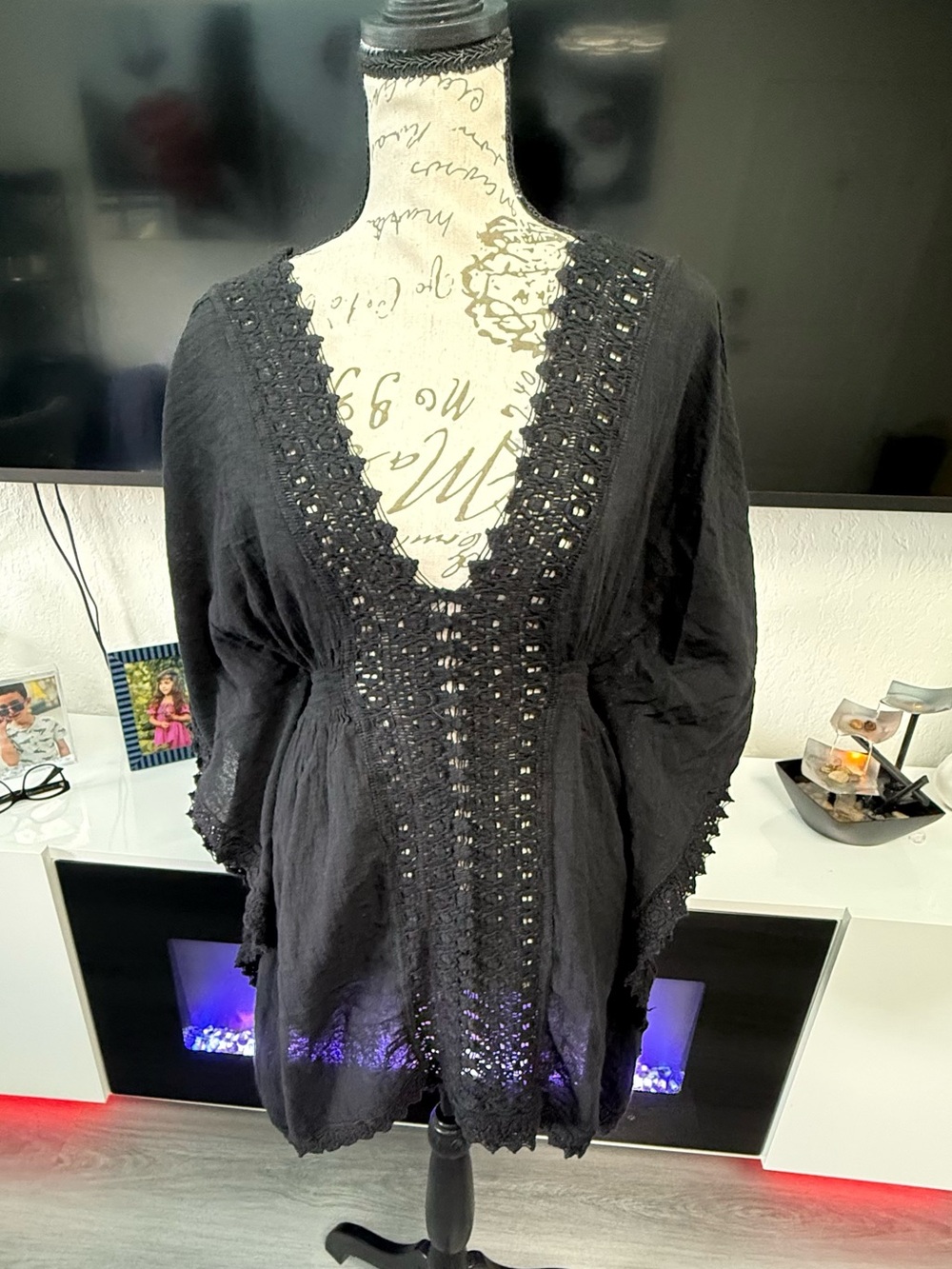 BLANCO 100% Cotton Boho Black Kimono Sleeve Tunic Dress Lace Accent Small - Picture 6 of 16